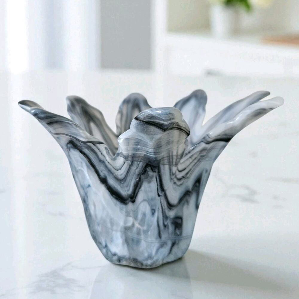 Vintage Murano Art Glass Candle Votive Vase Gray Blue Smoke Swirl Petals Italy